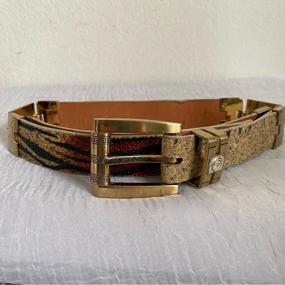 Versace Collection Gold and Tan Animal Print Leather Belt